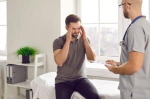 Man holding his temples in pain while consulting a doctor in a medical office